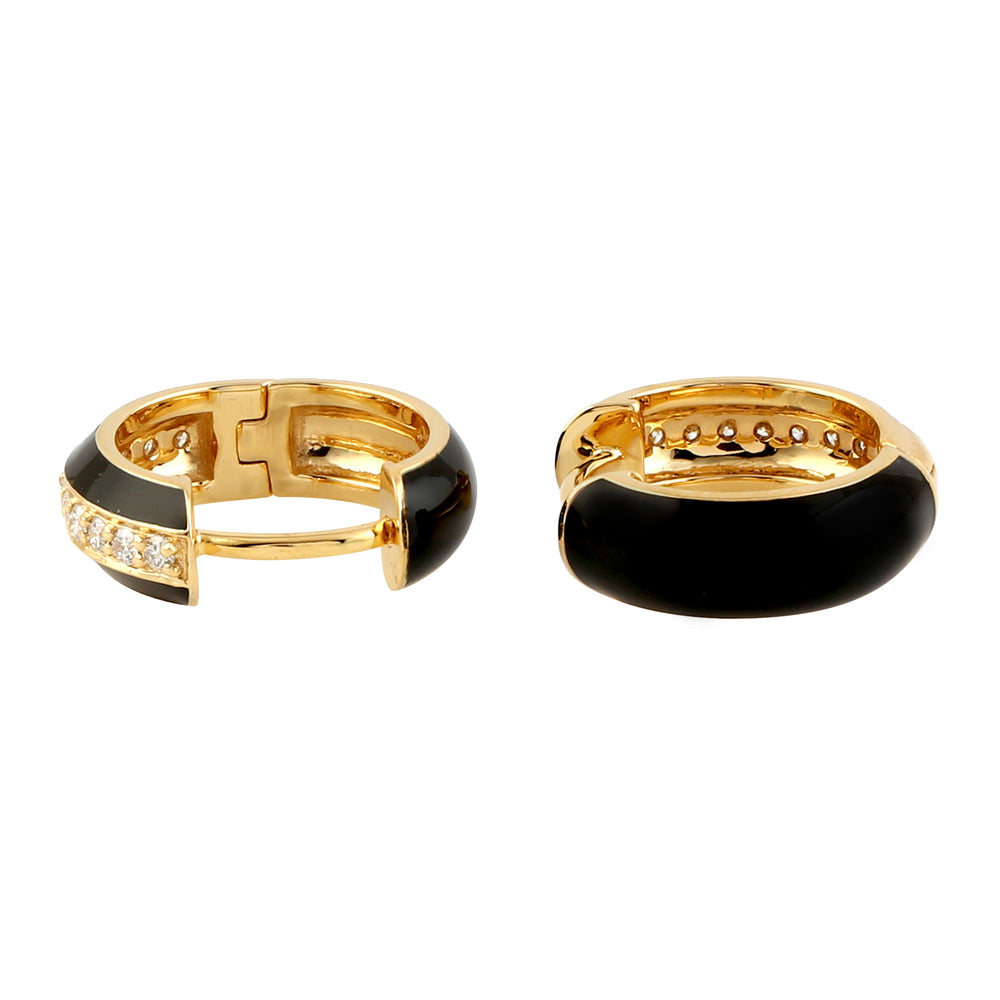 Pave Diamond Enamel Huggie Earrings In 14k Yellow Gold For Gift