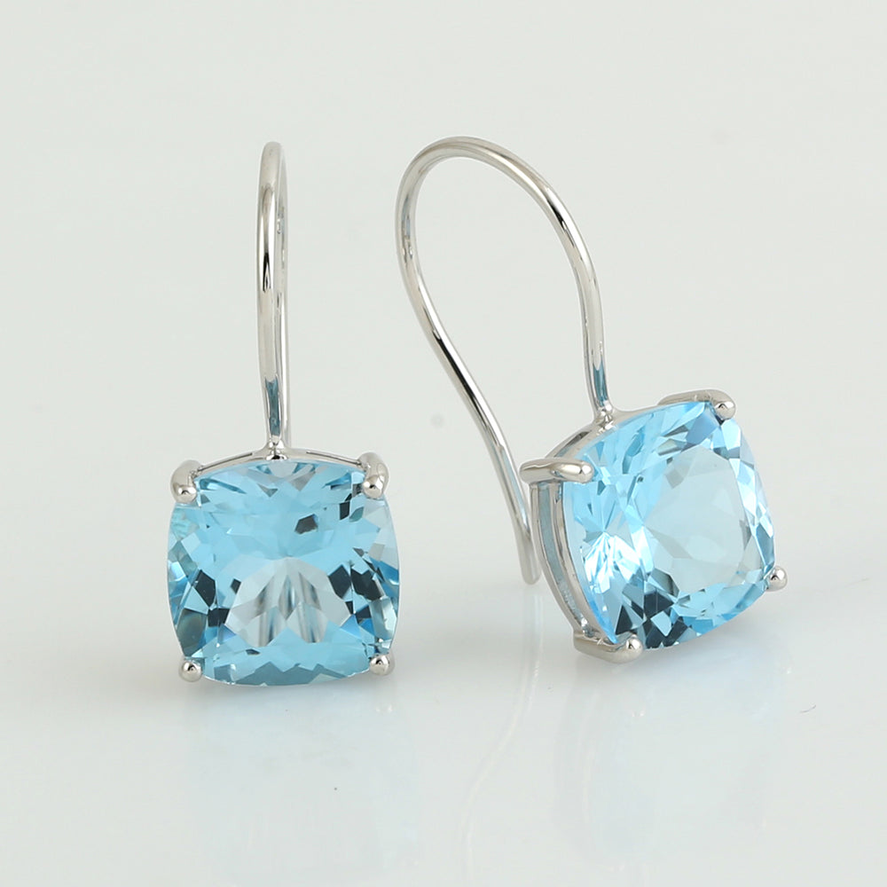 Cushion Blue Topaz November Birthstone Ear Hook Earrings In 14K White Gold
