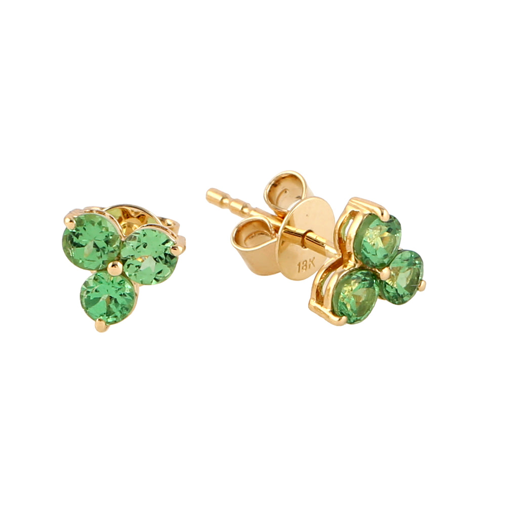 Tsavorite Gemstone Three Stone Stud Earrings In 18k Yellow Gold