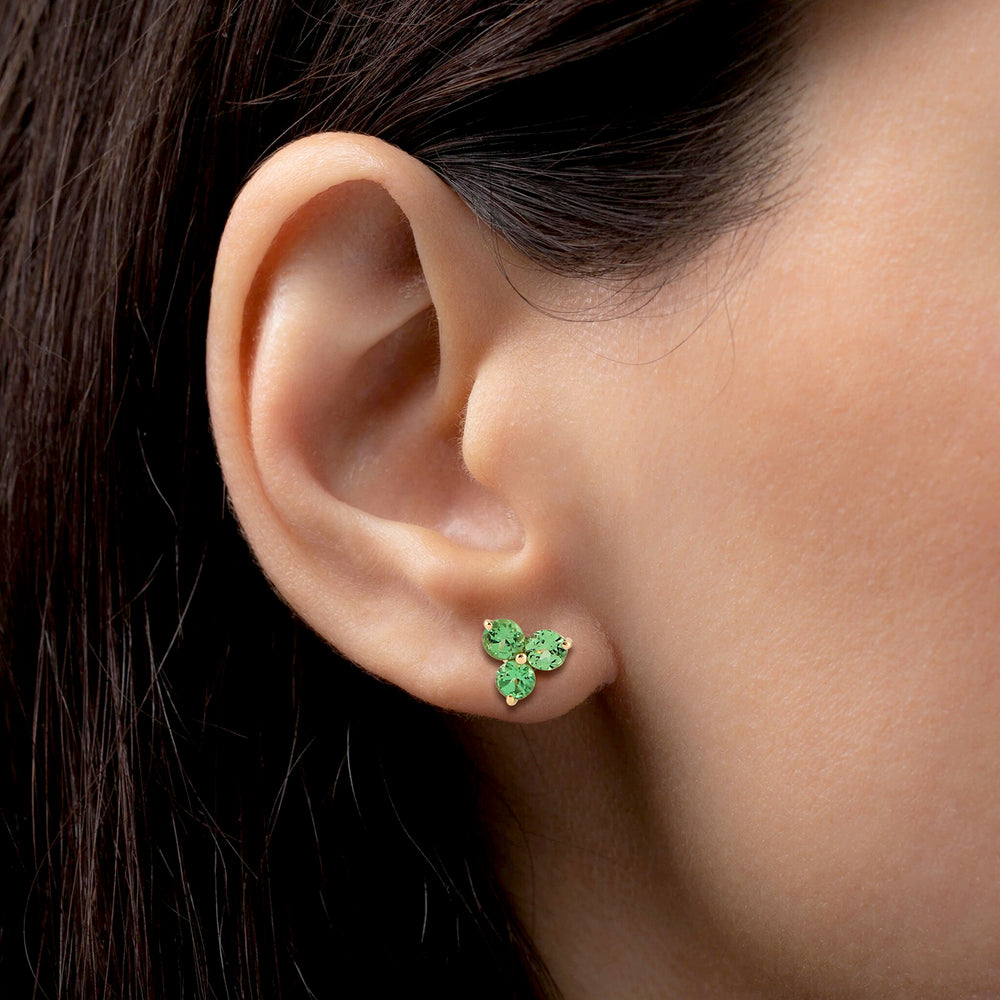 Tsavorite Gemstone Three Stone Stud Earrings In 18k Yellow Gold