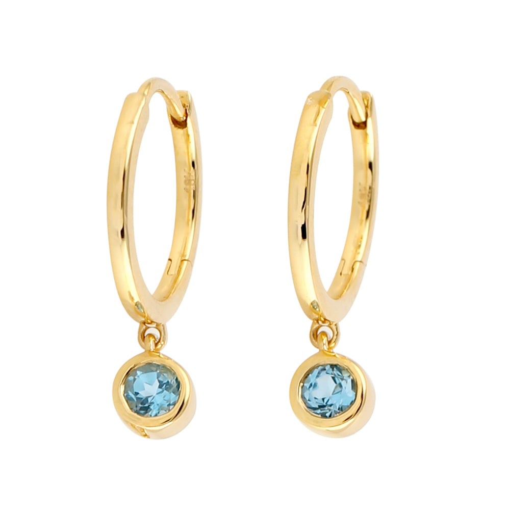 Blue Topaz Gemstone In 18k Yellow Gold Drop Huggie Earrings