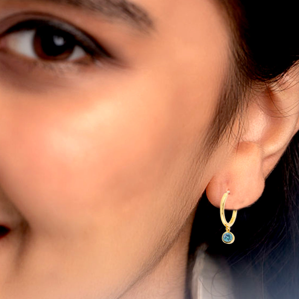 Blue Topaz Gemstone In 18k Yellow Gold Drop Huggie Earrings