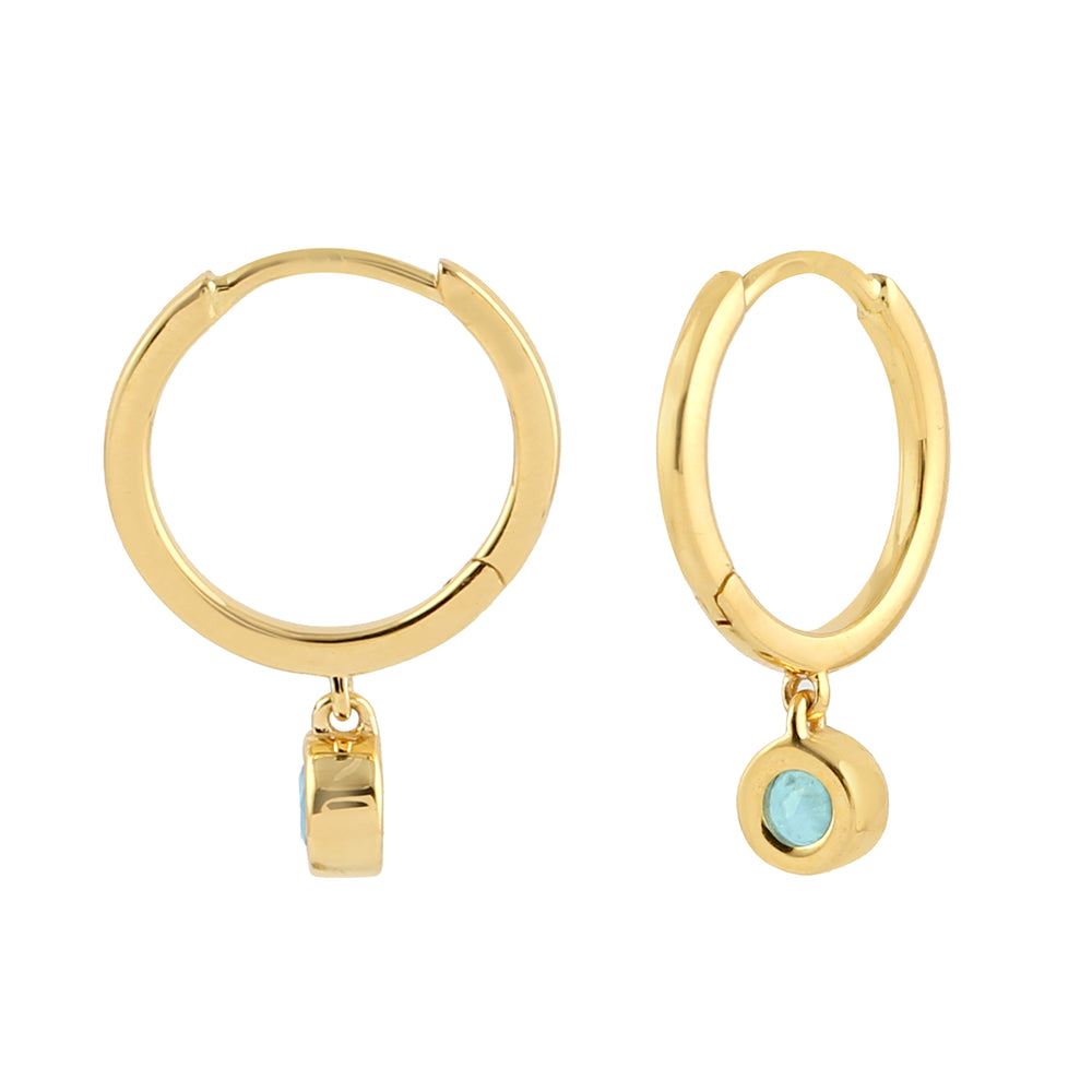 Blue Topaz Gemstone In 18k Yellow Gold Drop Huggie Earrings
