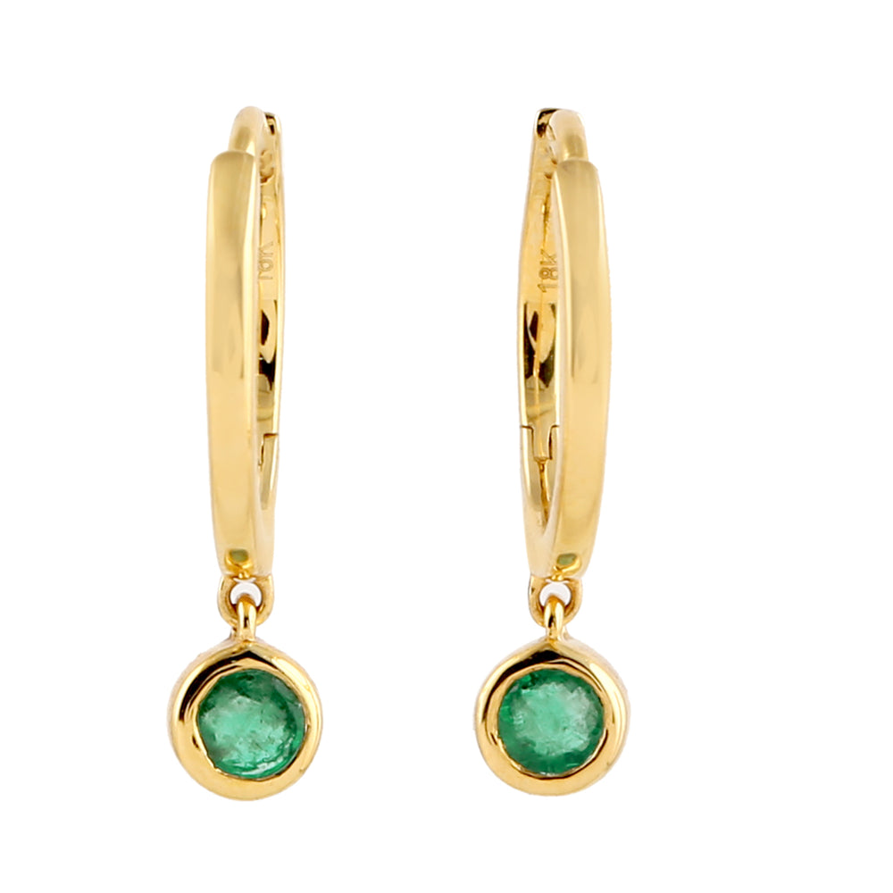 Natural Emerald Huggie Hoop Earrings In 18k Yellow Gold