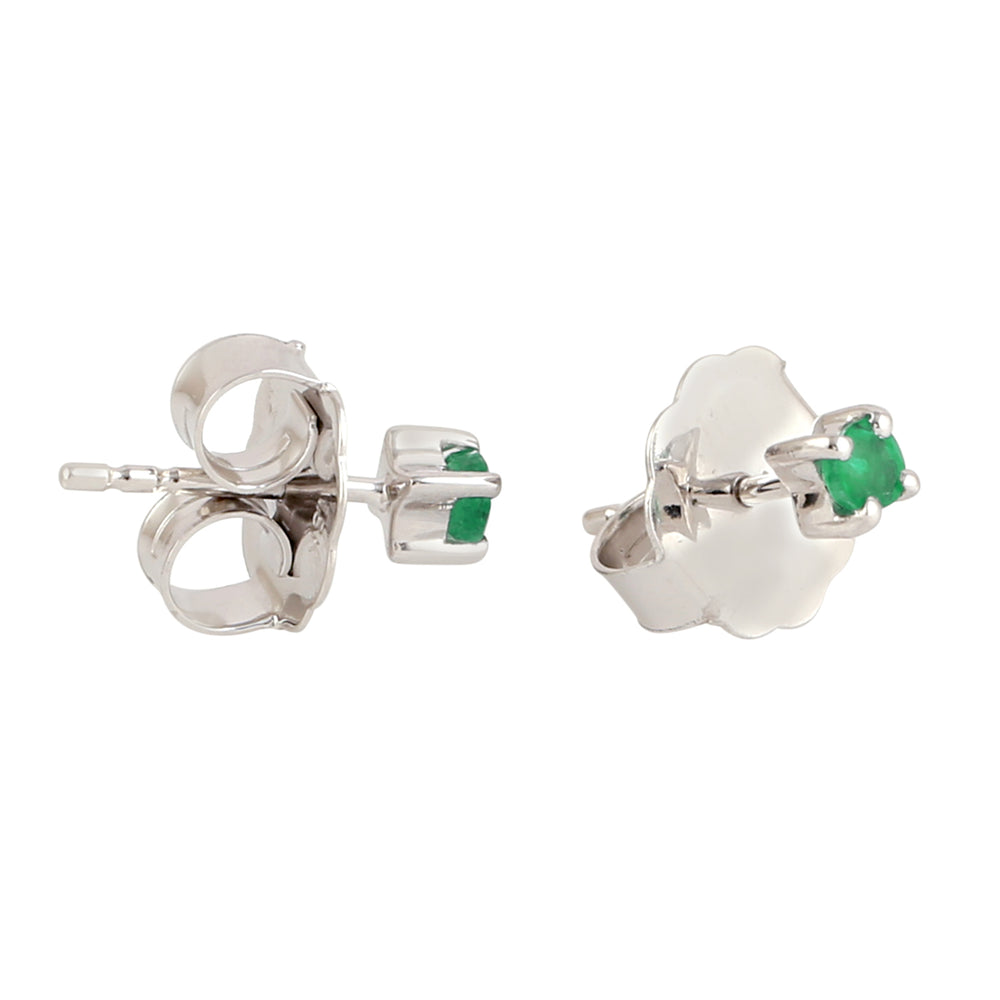 Natural Emerald Solitaire Stud Earrings in 18k White Gold