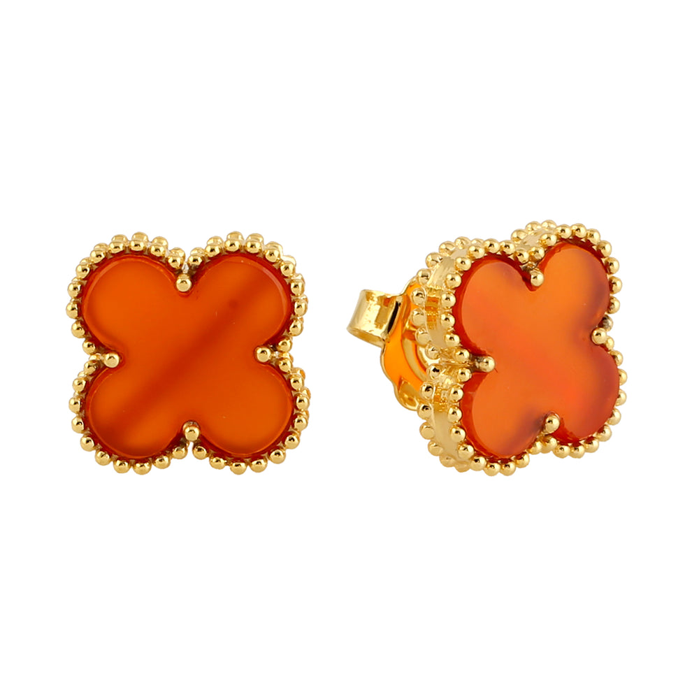 Carnelian Gemstone Floral Stud Earrings In 18k Yellow Gold For Gift