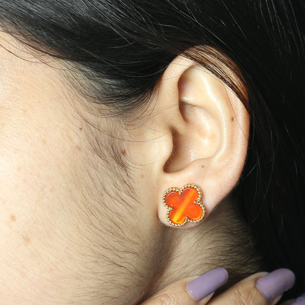 Carnelian Gemstone Floral Stud Earrings In 18k Yellow Gold For Gift