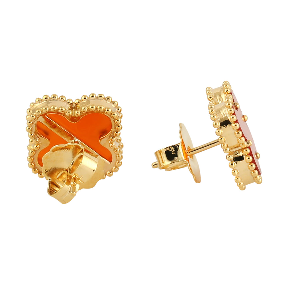 Carnelian Gemstone Floral Stud Earrings In 18k Yellow Gold For Gift