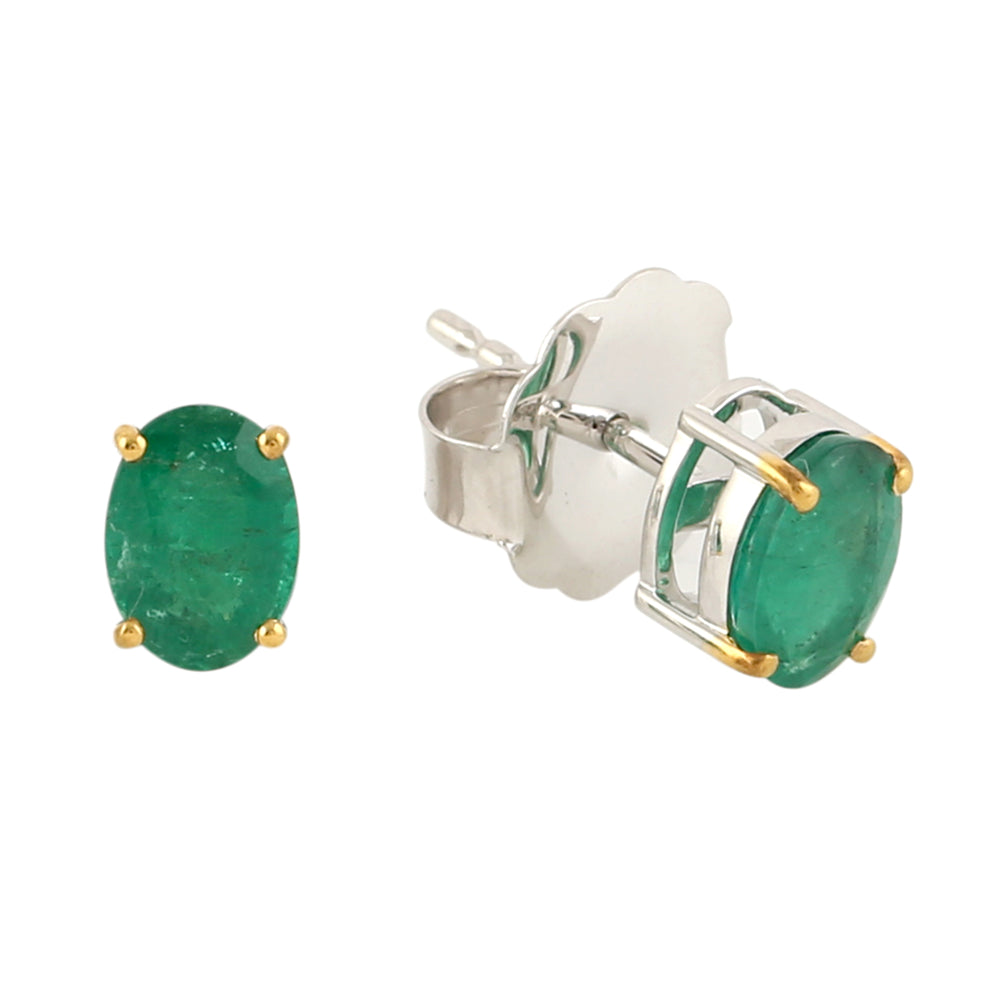 Oval Cut Emerald Prong Stud Earrings In 18k Yellow And White Gold