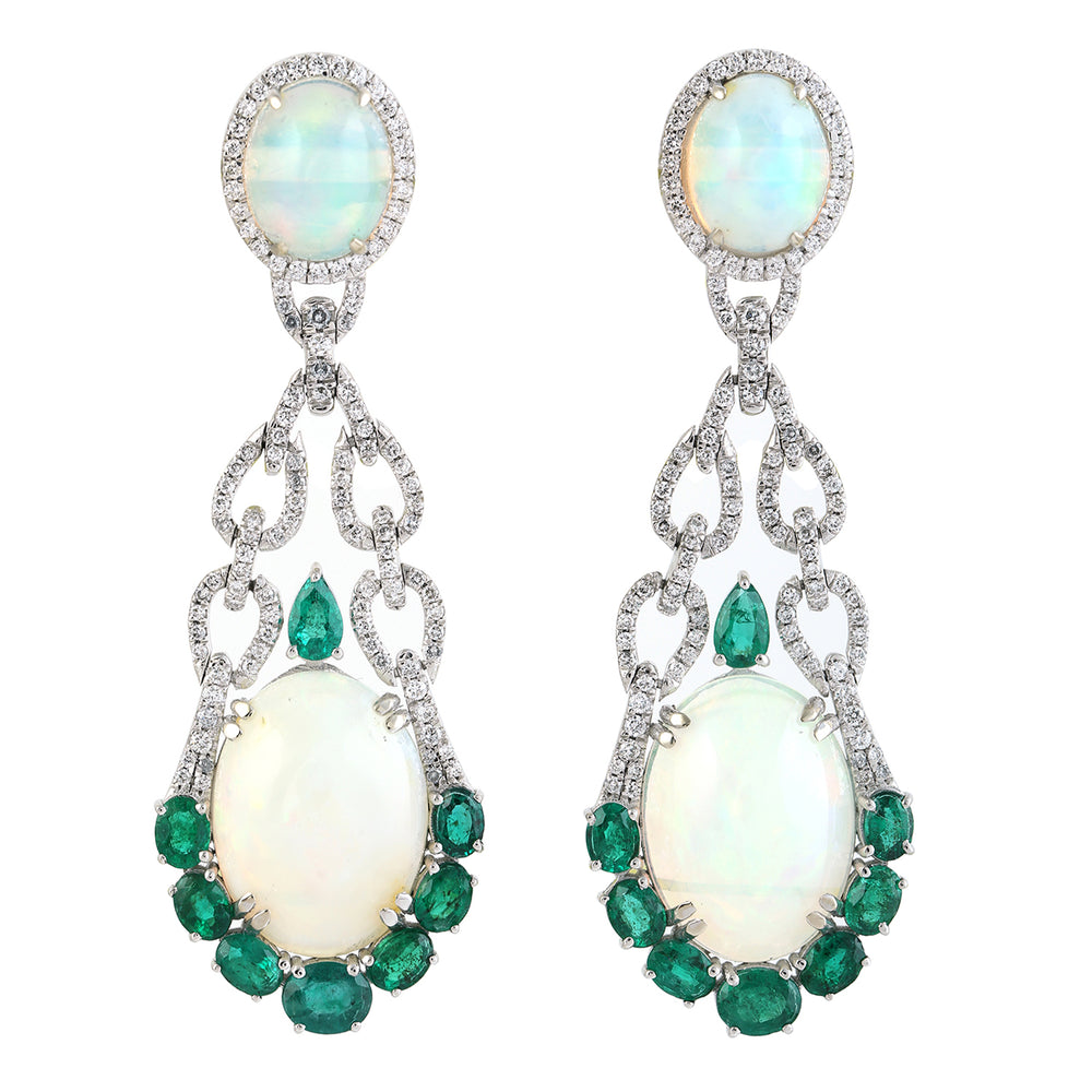 18K White Gold Opal Ethiopian, Emerald & Diamond Chandelier Drop Earrings