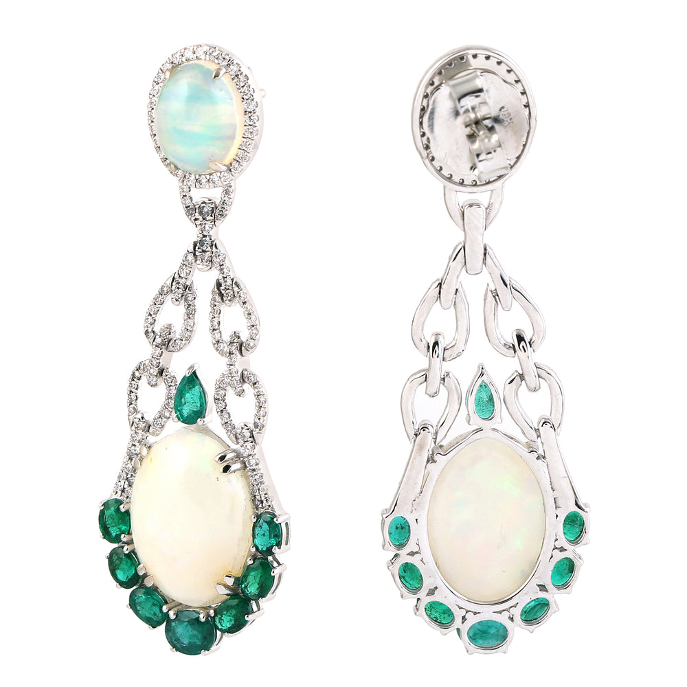 18K White Gold Opal Ethiopian, Emerald & Diamond Chandelier Drop Earrings