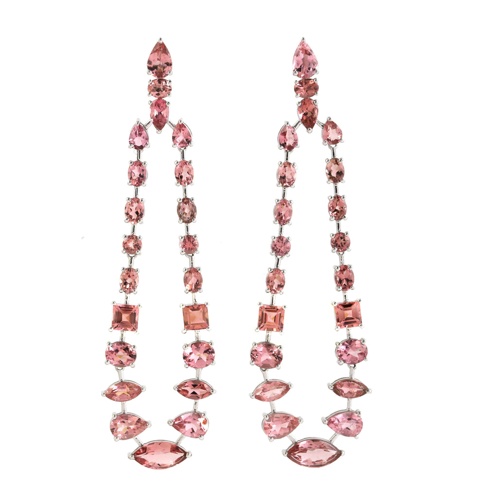Pink Tourmaline Gemstone Chandelier Earrings In 18k White Gold
