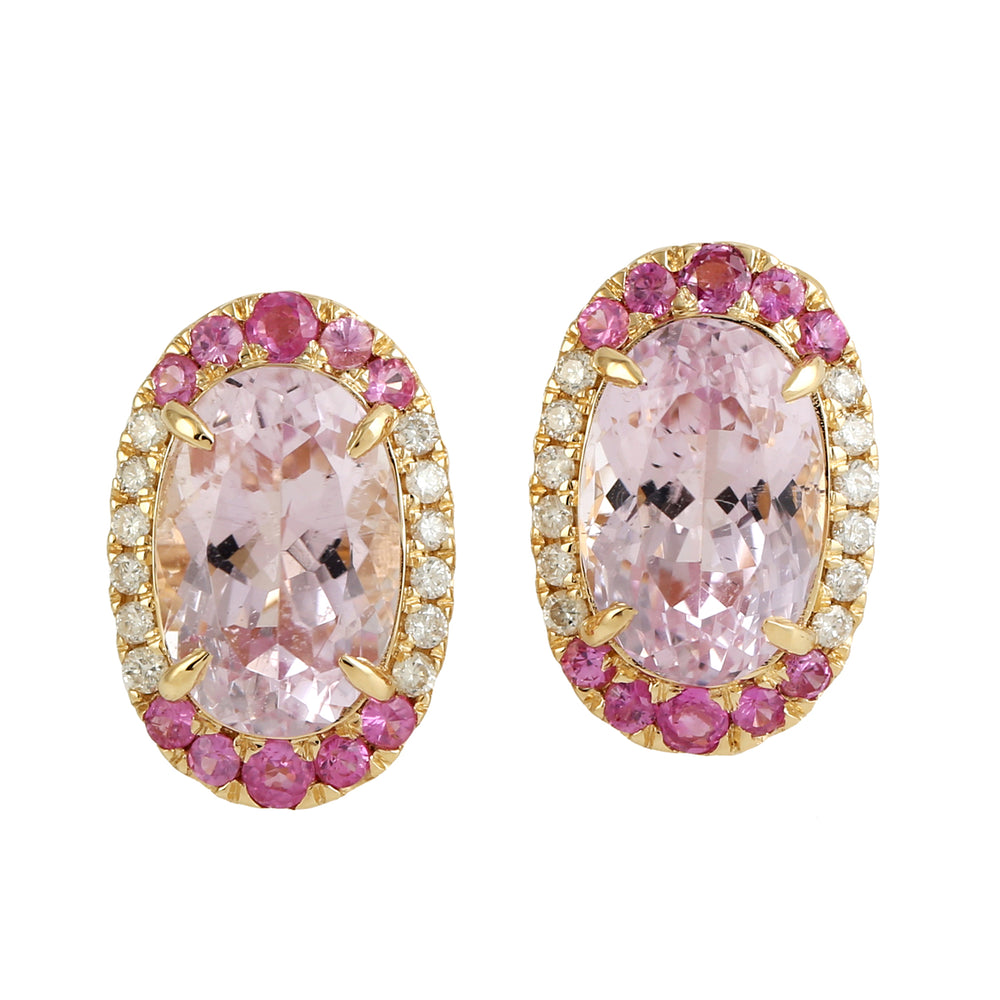 18K Yellow Gold Kunzite & Pink Sapphire Diamond Halo Stud Earrings