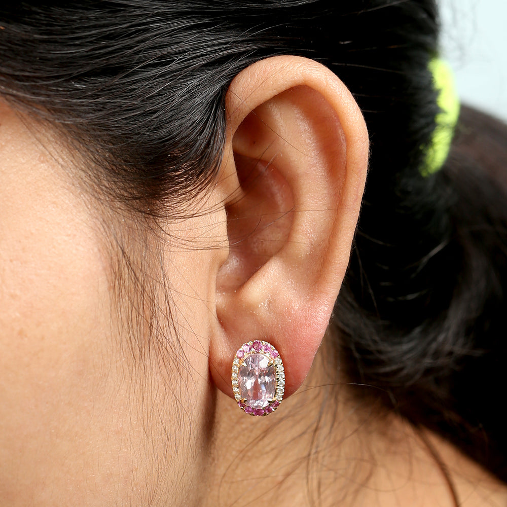 18K Yellow Gold Kunzite & Pink Sapphire Diamond Halo Stud Earrings