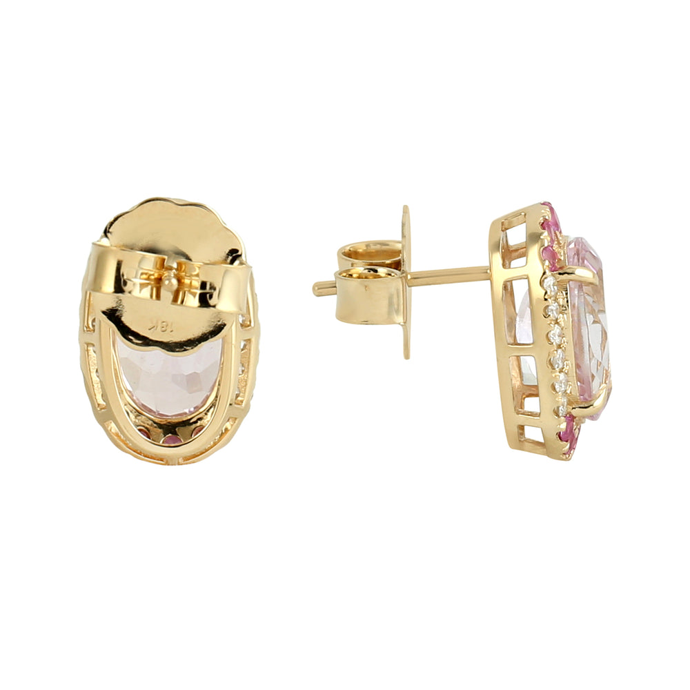 18K Yellow Gold Kunzite & Pink Sapphire Diamond Halo Stud Earrings