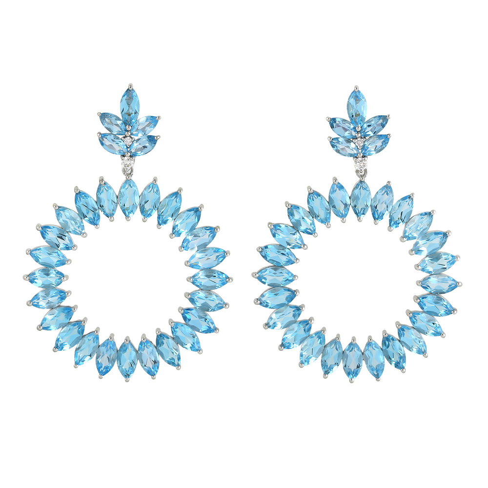 Marquise Blue Topaz Gemstone Front Hoop Danglers In 18k White Gold