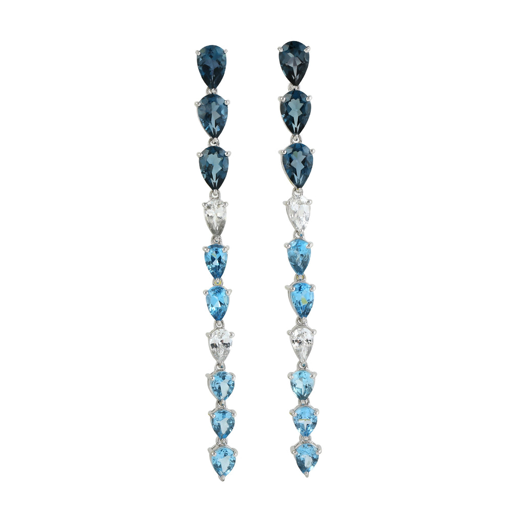 London Blue Topaz Pear White Sapphire Gemstone Long Danglers In White Gold