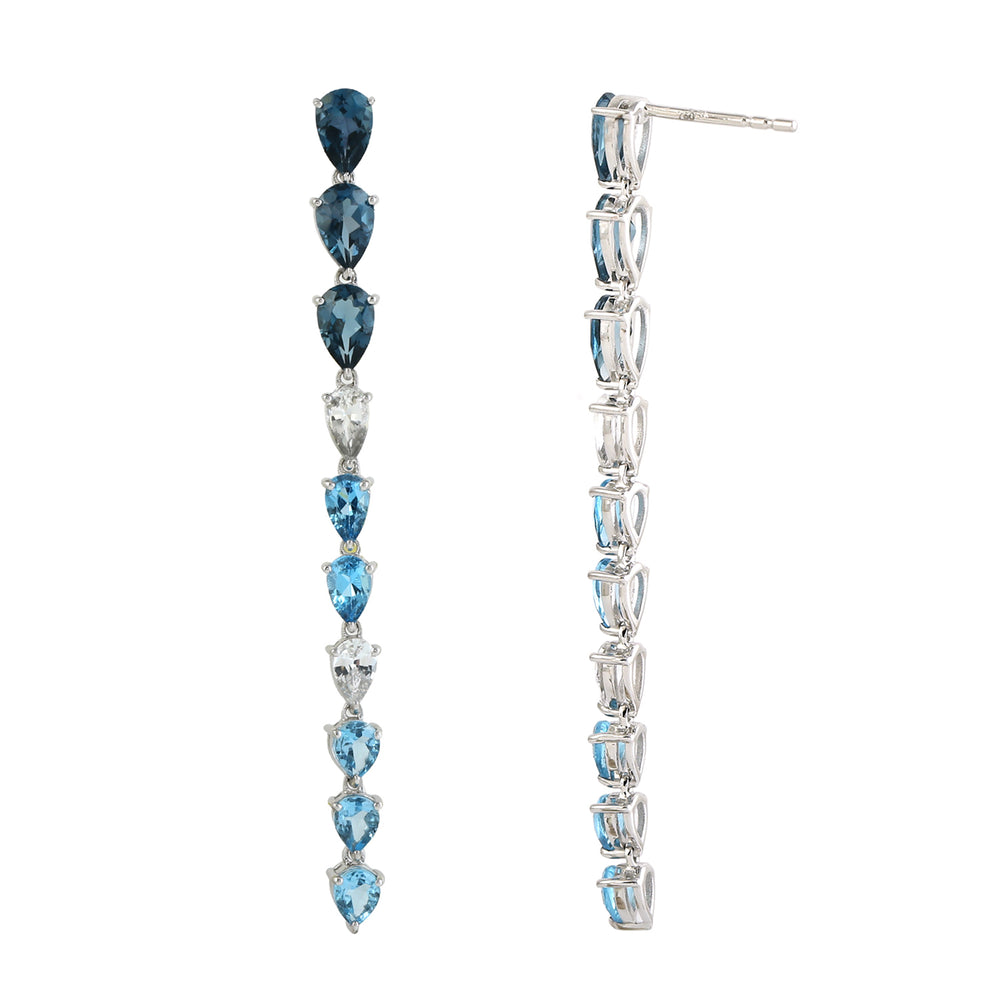 London Blue Topaz Pear White Sapphire Gemstone Long Danglers In White Gold