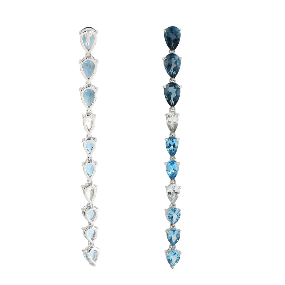 London Blue Topaz Pear White Sapphire Gemstone Long Danglers In White Gold