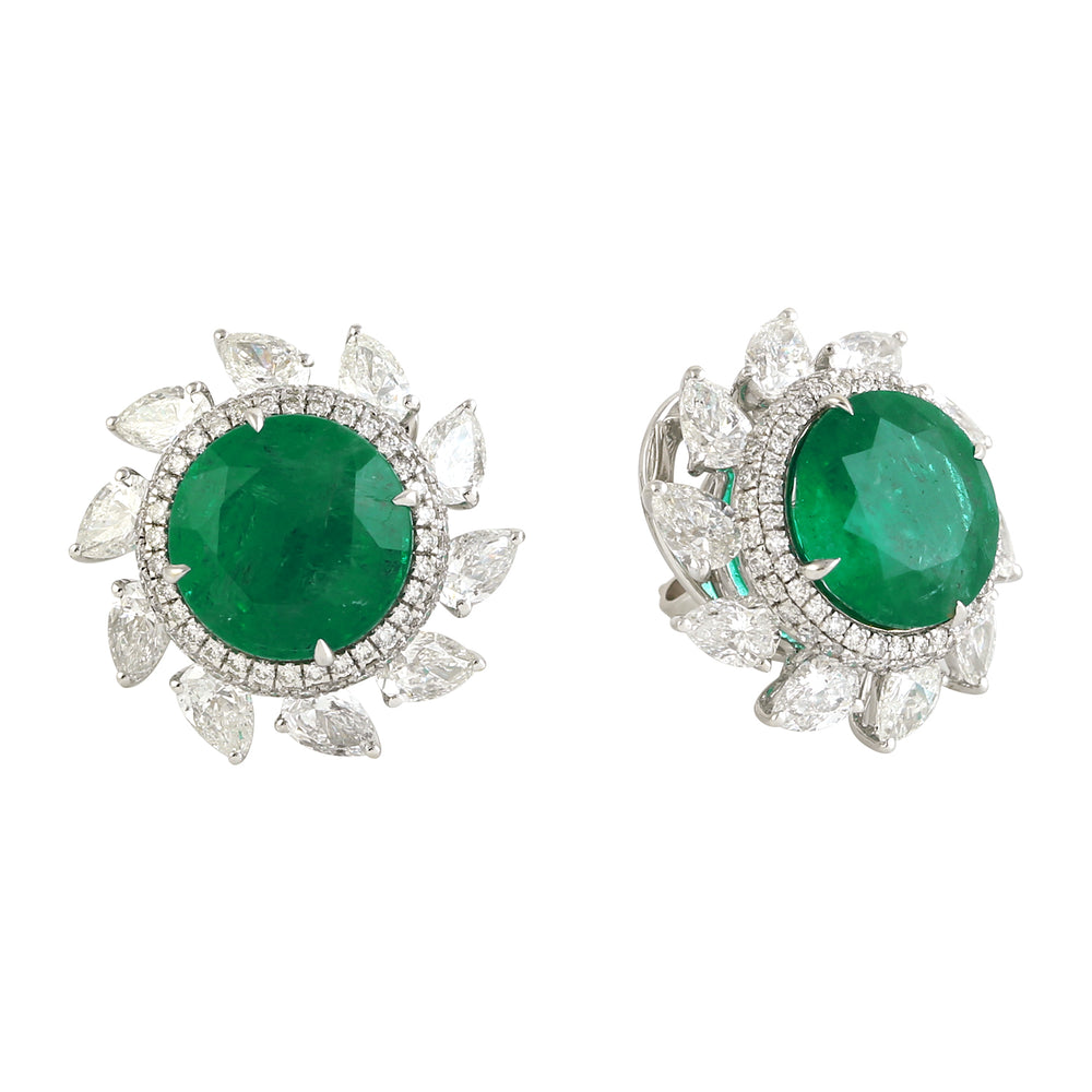 Rose Cut Diamond Emerald May Birthstone Designer Stud In 18K White Gold