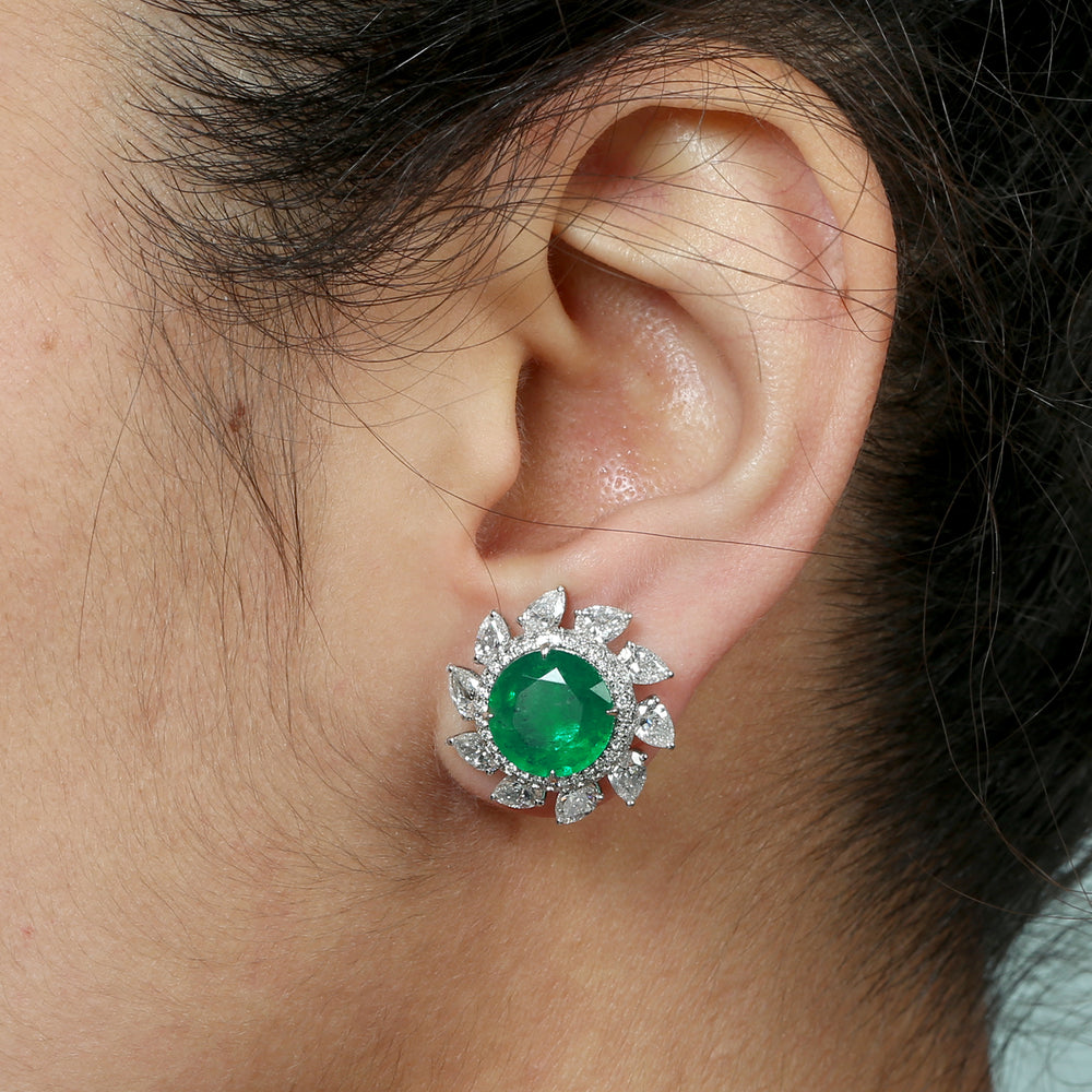 Rose Cut Diamond Emerald May Birthstone Designer Stud In 18K White Gold