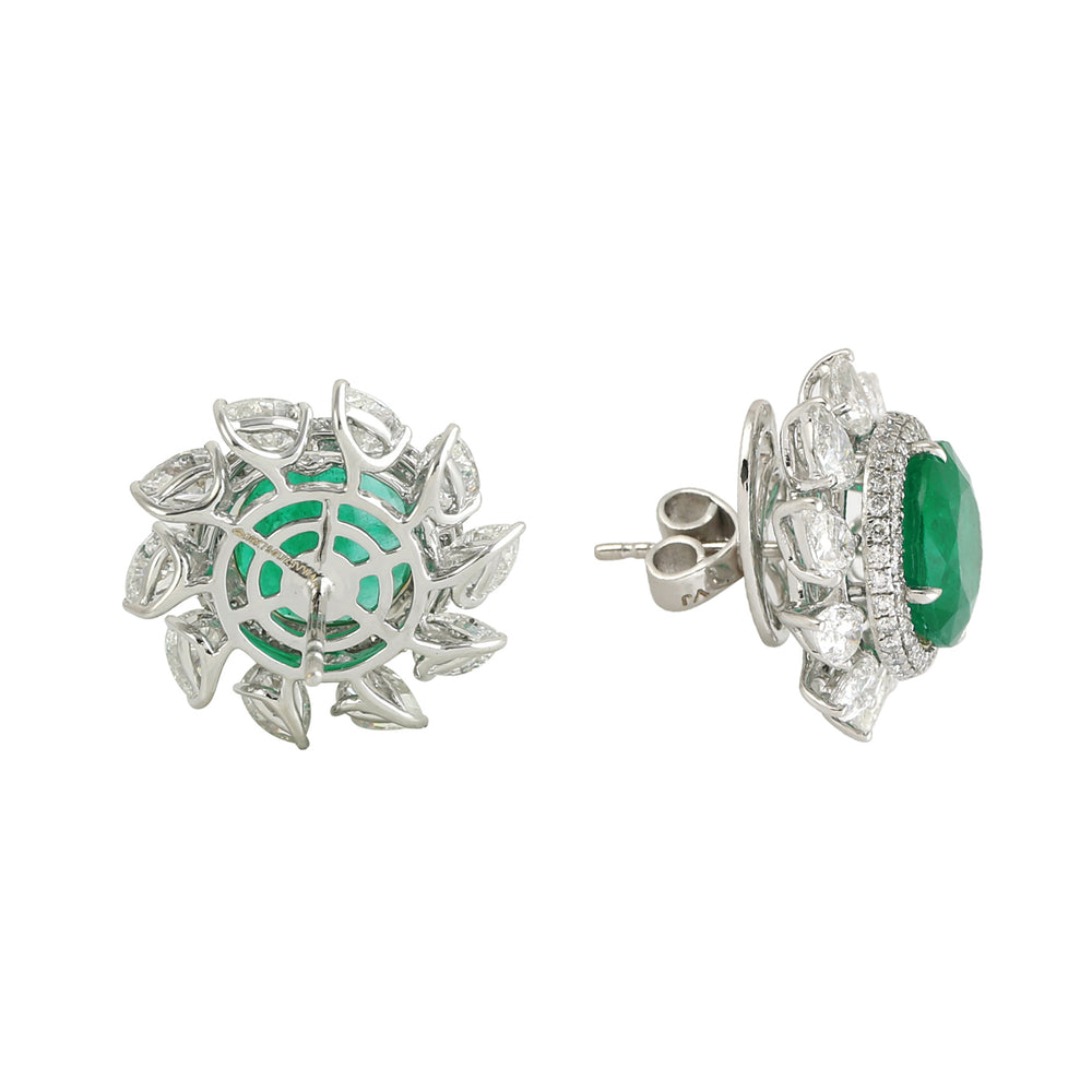 Rose Cut Diamond Emerald May Birthstone Designer Stud In 18K White Gold