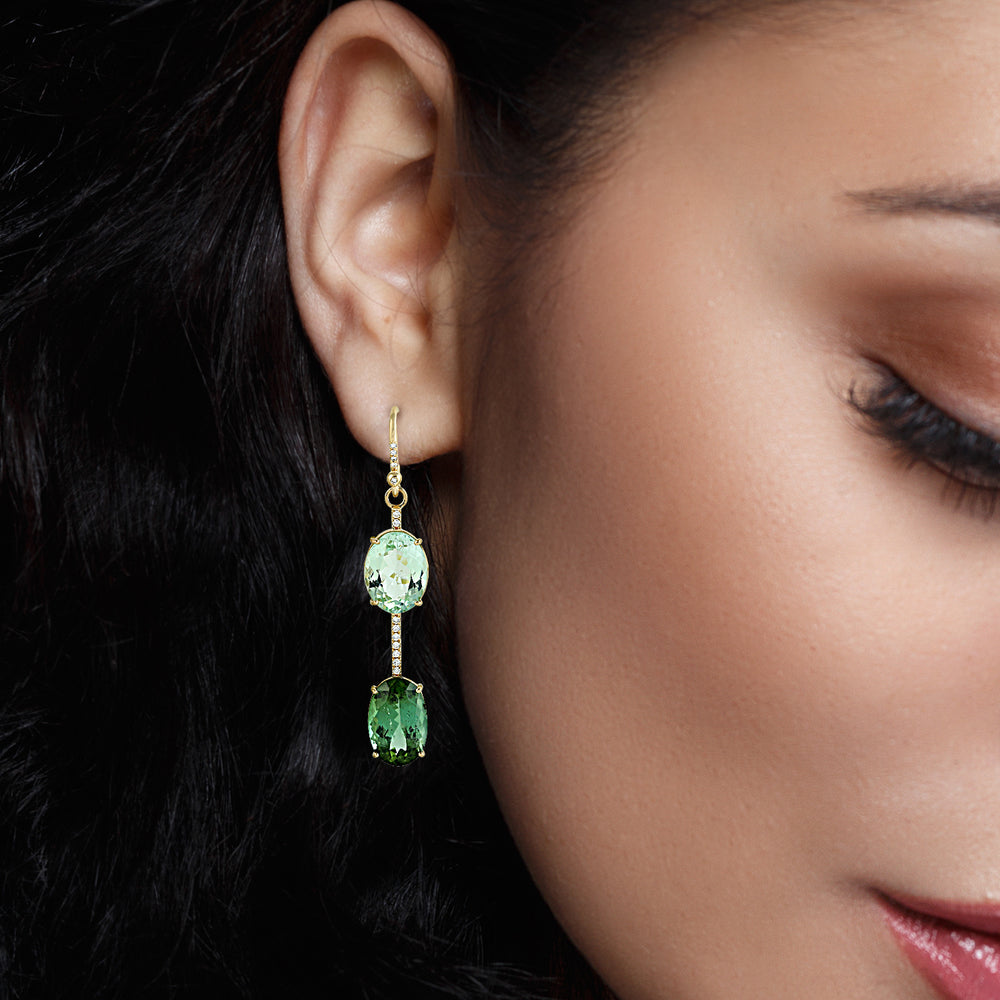 18k Yellow Gold Pave Diamond Mismatch Green Tourmaline Ear Hook For Her