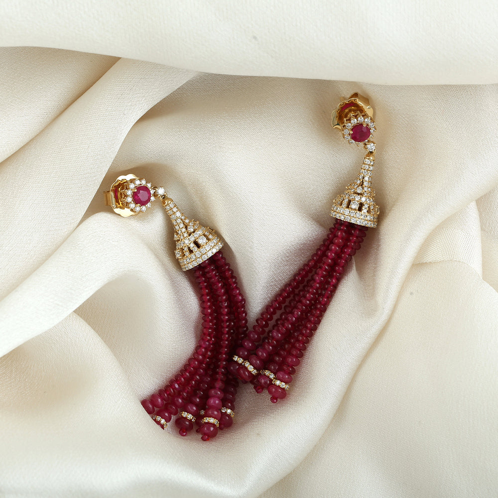 Natural Ruby Beads Pavve Diamond Tassel Earrings In 18k Yellow Gold