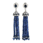 Natural Blue Sapphire Beads Pave Dianmmond Tassel Earrings In 18k White Gold For Her