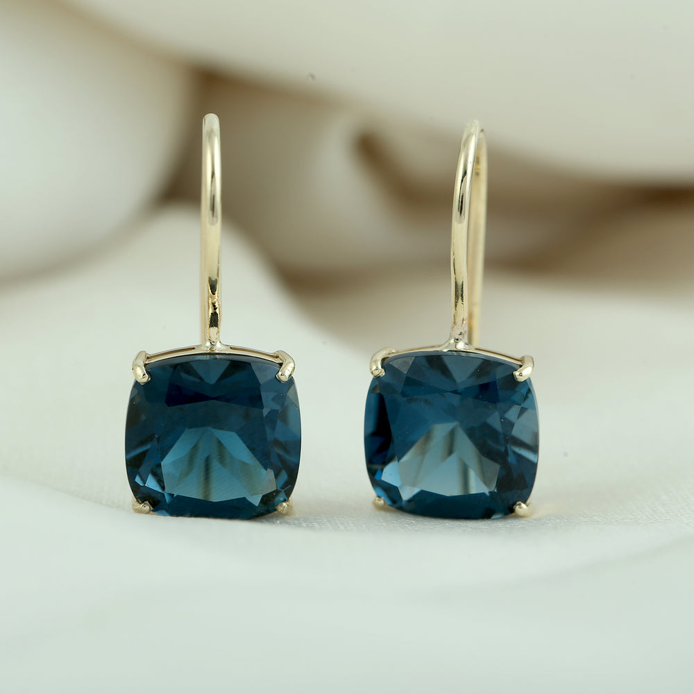 14K Yellow Gold Cushion London Topaz Gemstone Ear Hook Earrings For Her