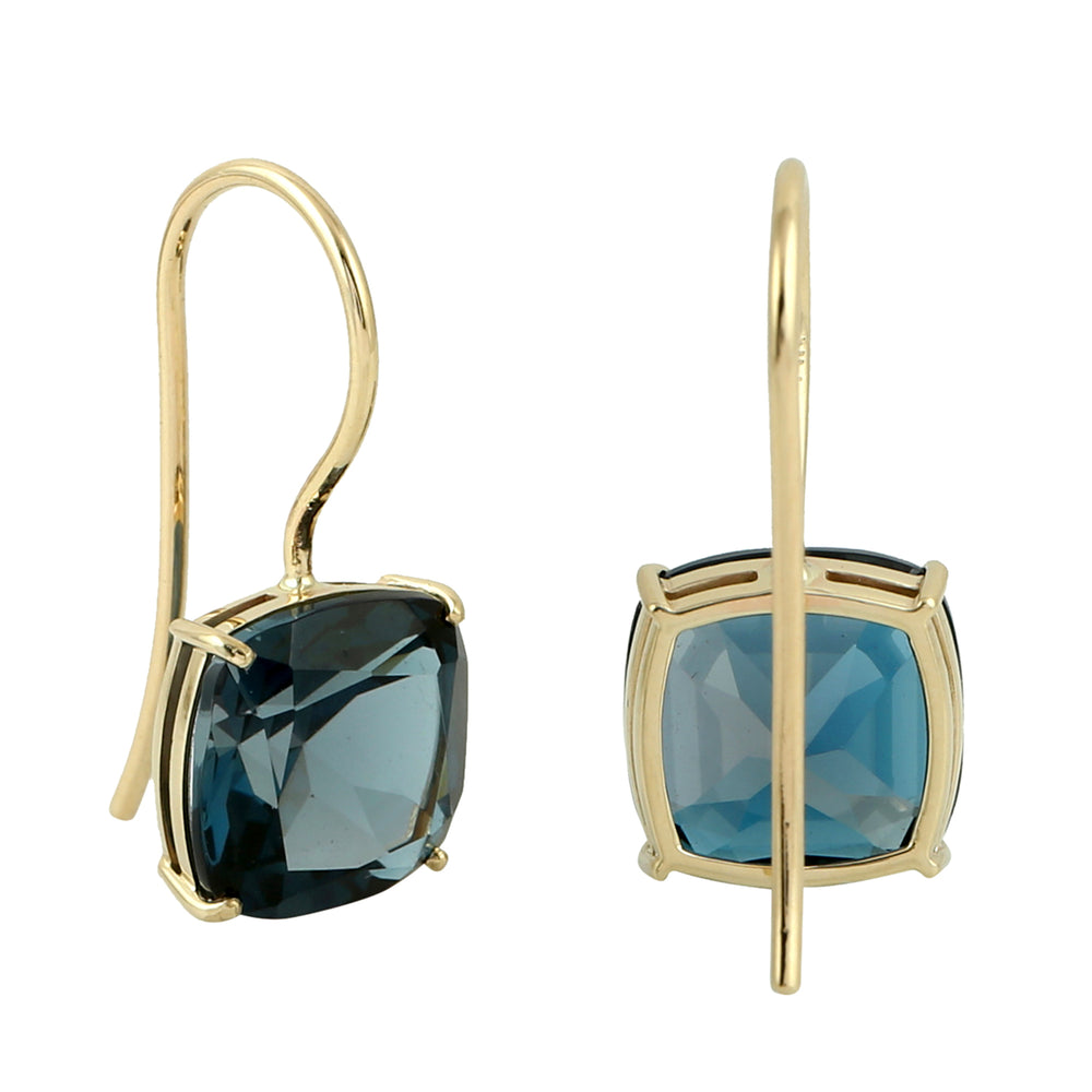 14K Yellow Gold Cushion London Topaz Gemstone Ear Hook Earrings For Her