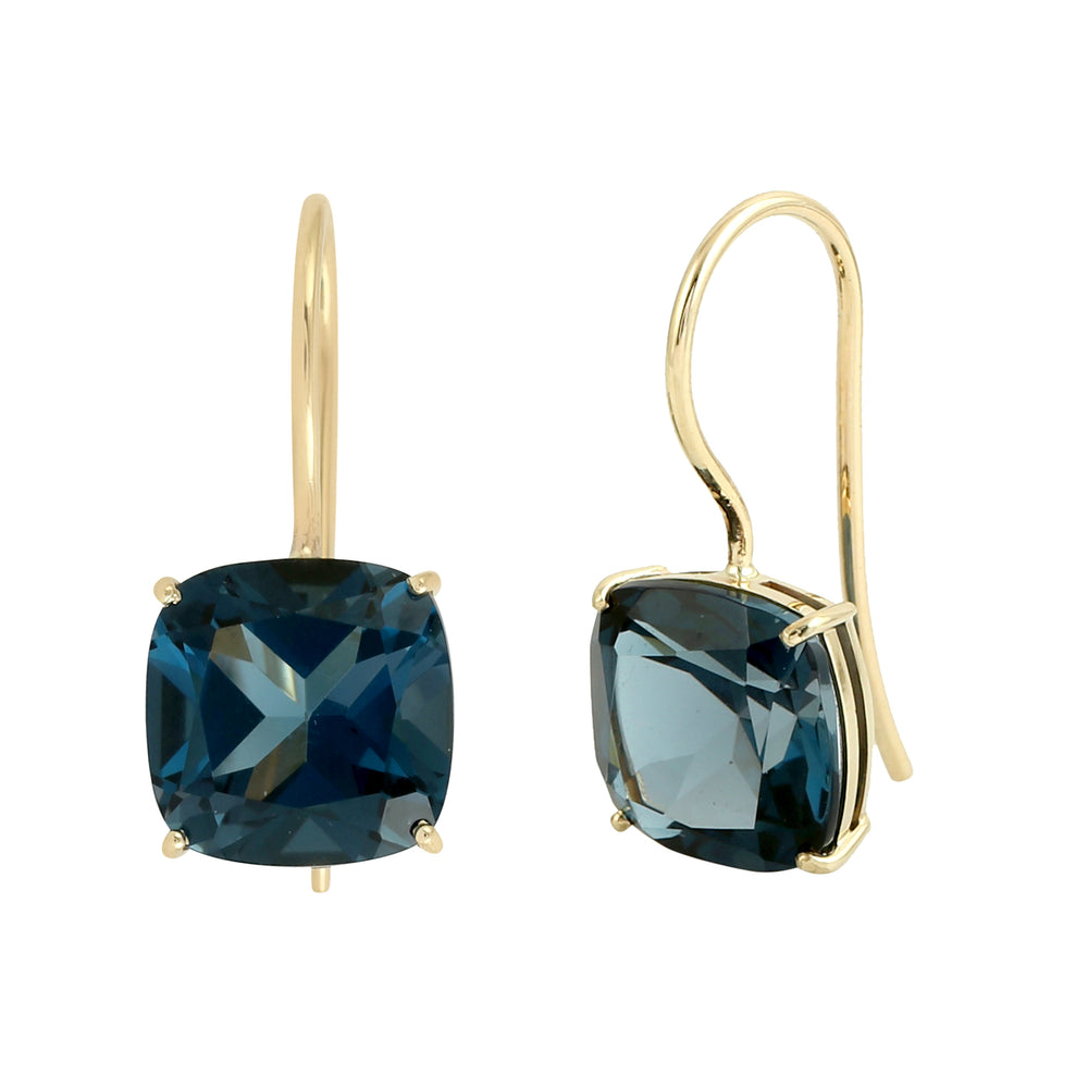 14K Yellow Gold Cushion London Topaz Gemstone Ear Hook Earrings For Her