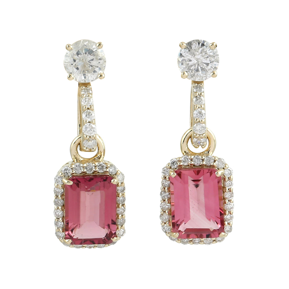 14K Yellow Gold Prong Rose Cut Diamond Baguette Pink Tourmaline Dangler