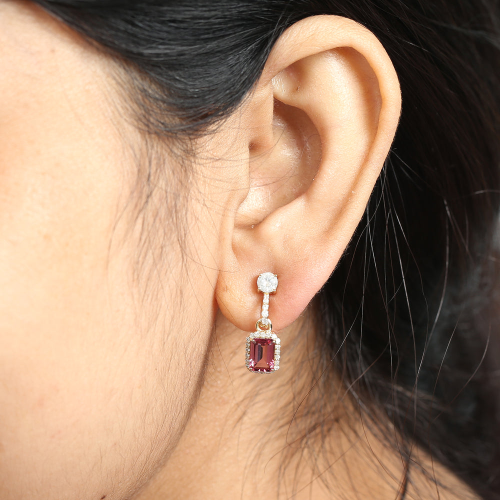 14K Yellow Gold Prong Rose Cut Diamond Baguette Pink Tourmaline Dangler