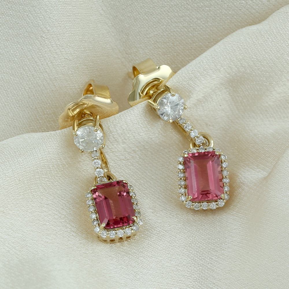 14K Yellow Gold Prong Rose Cut Diamond Baguette Pink Tourmaline Dangler