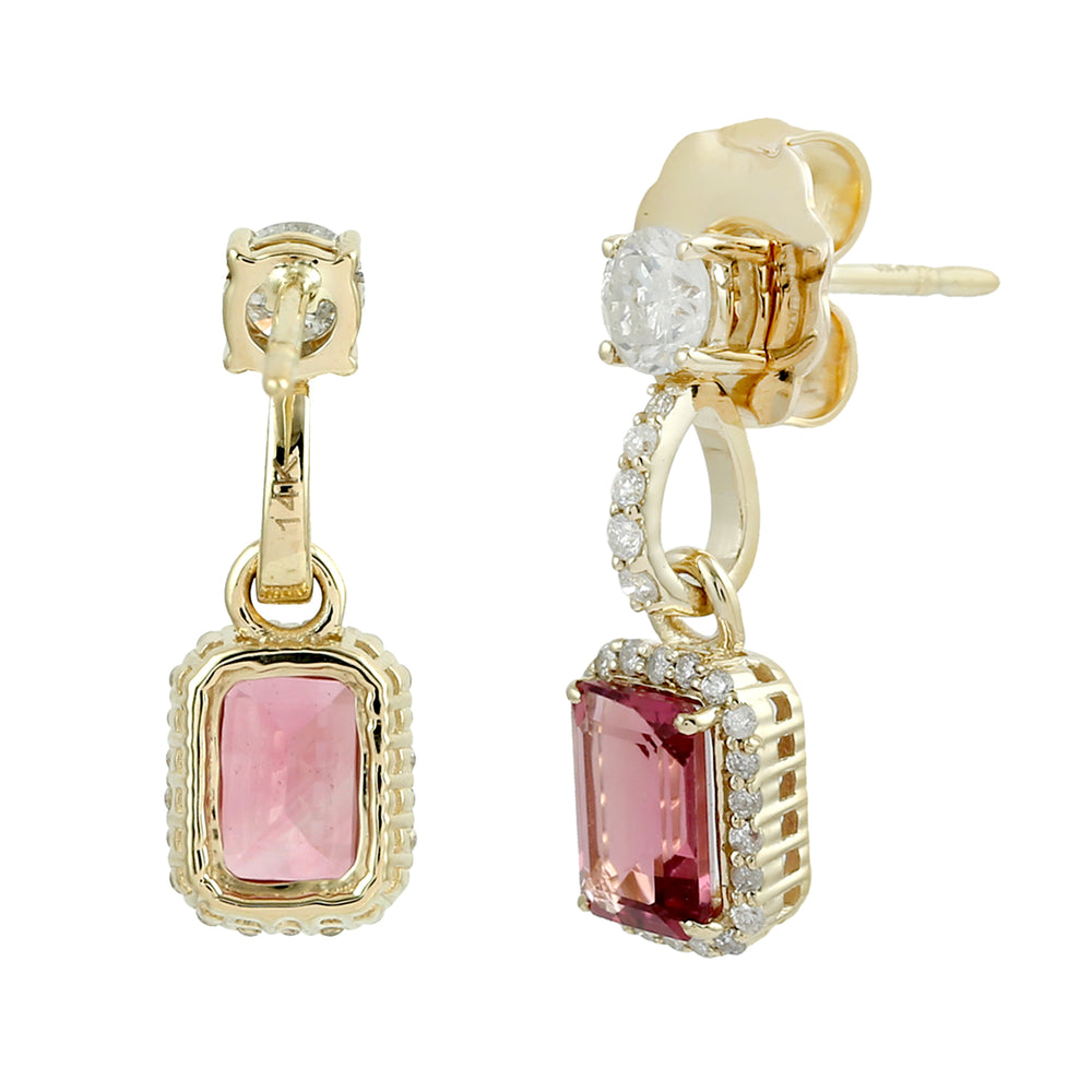 14K Yellow Gold Prong Rose Cut Diamond Baguette Pink Tourmaline Dangler