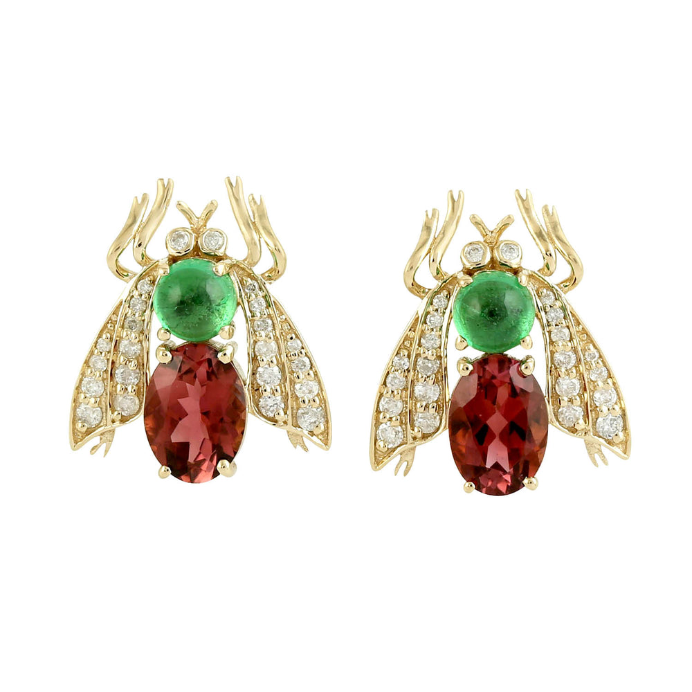 Oval Pink Tourmaline Round Tsavorite Pave Diamond Insect Stud Earrings In Gold