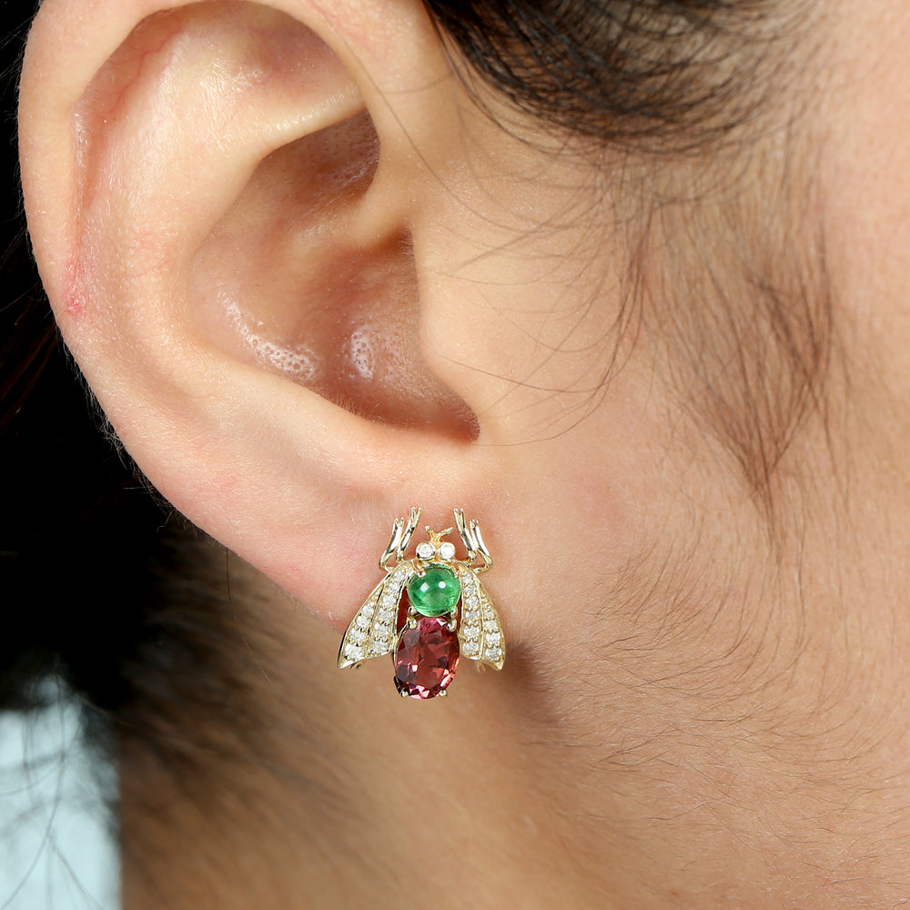 Oval Pink Tourmaline Round Tsavorite Pave Diamond Insect Stud Earrings In Gold