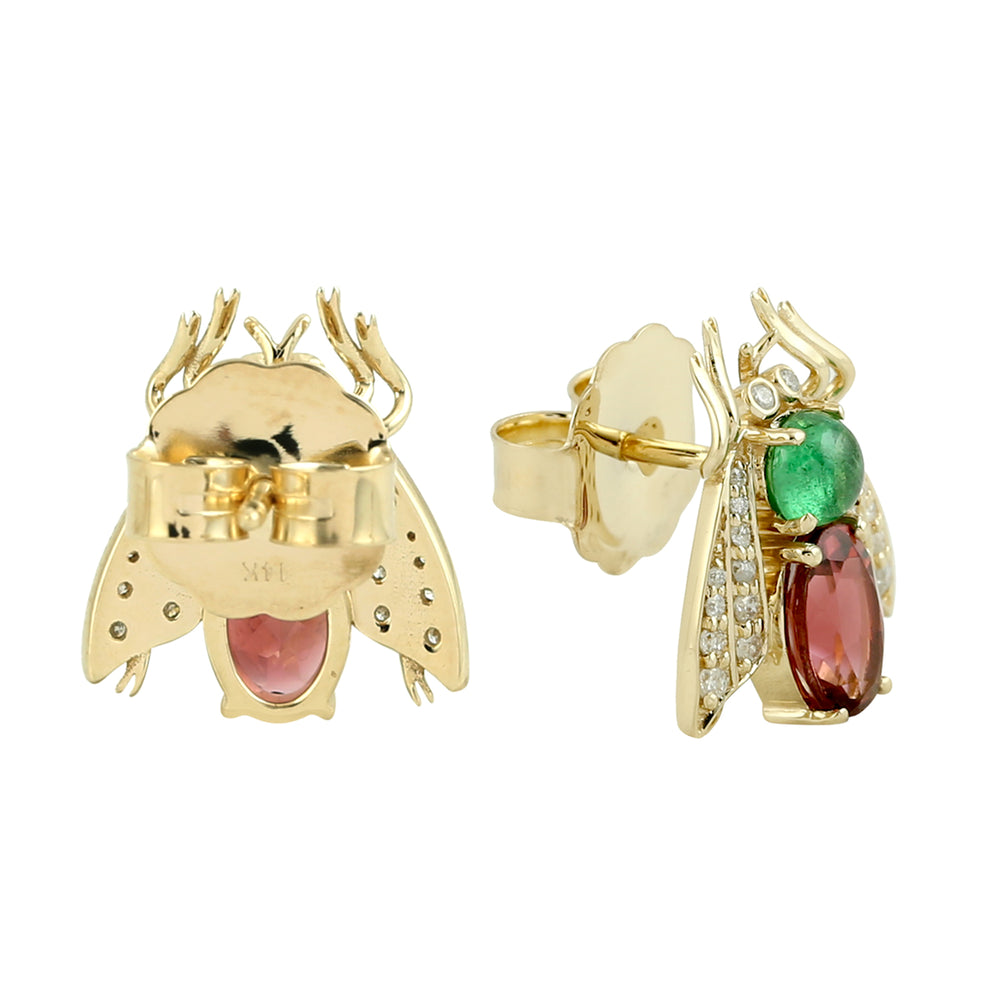 Oval Pink Tourmaline Round Tsavorite Pave Diamond Insect Stud Earrings In Gold