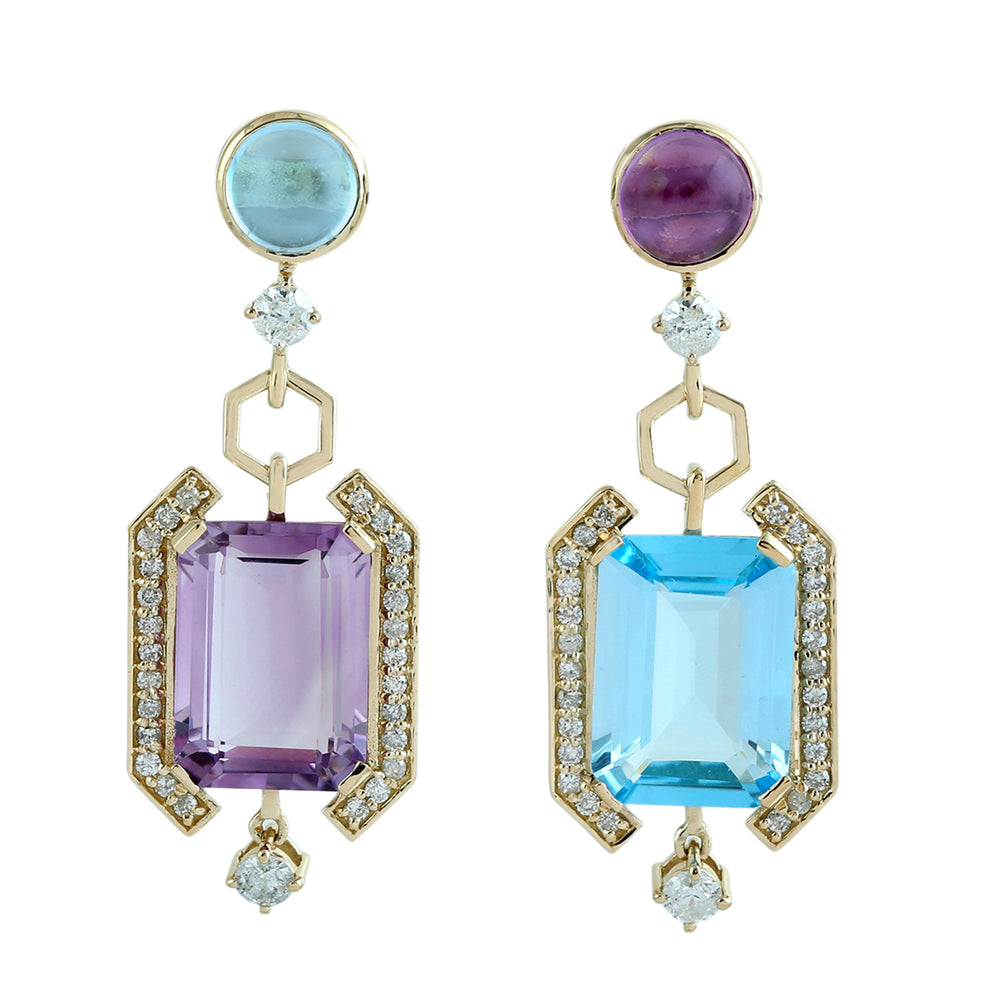 Blue Topaz and Amethyst Gemstone Pave Diamond Designer Earrings in 18K Yellow Gold