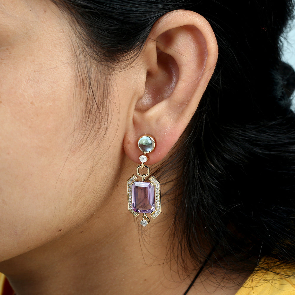 Blue Topaz and Amethyst Gemstone Pave Diamond Designer Earrings in 18K Yellow Gold