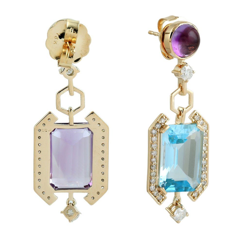 Blue Topaz and Amethyst Gemstone Pave Diamond Designer Earrings in 18K Yellow Gold