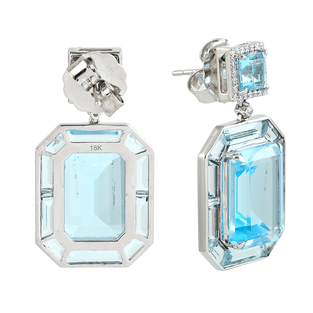 Emerald Cut Blue Topaz and Diamond Drop Earrings in 18K White Gold