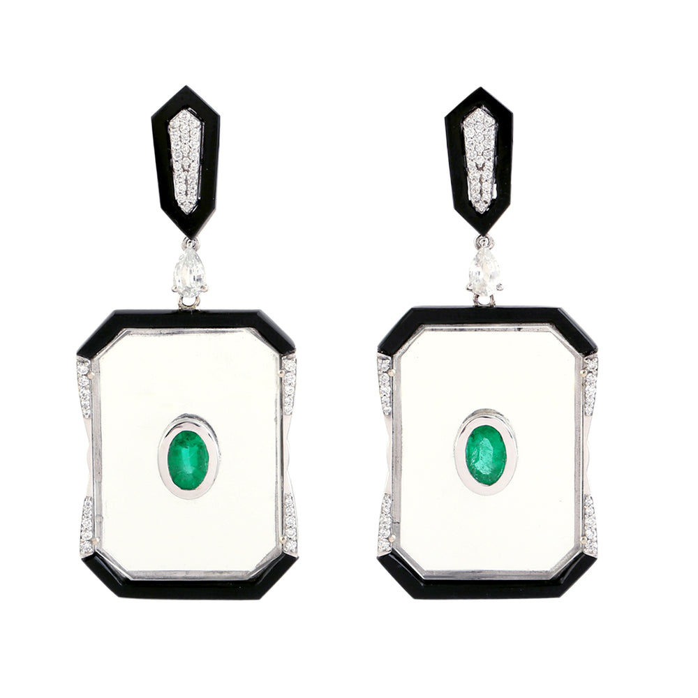 Black Onyx, Crystal Emerald & Diamond Statement Earrings in 18K White Gold