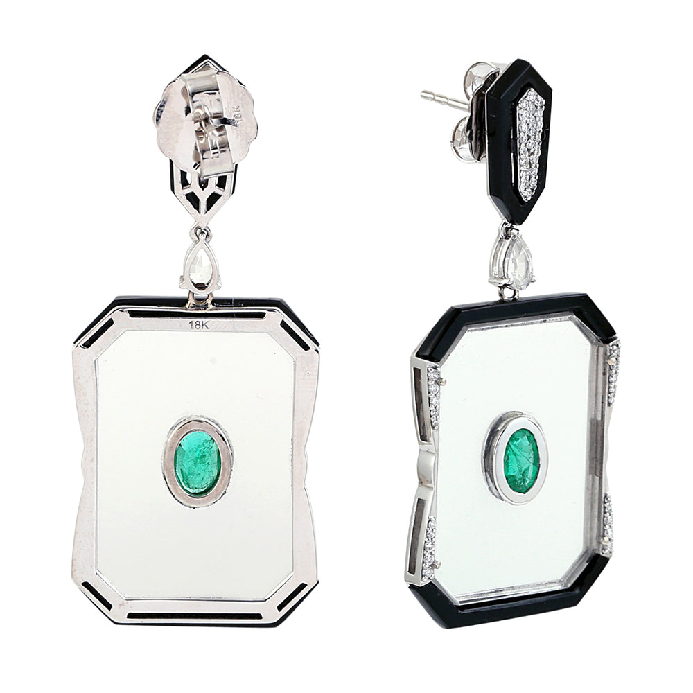 Black Onyx, Crystal Emerald & Diamond Statement Earrings in 18K White Gold