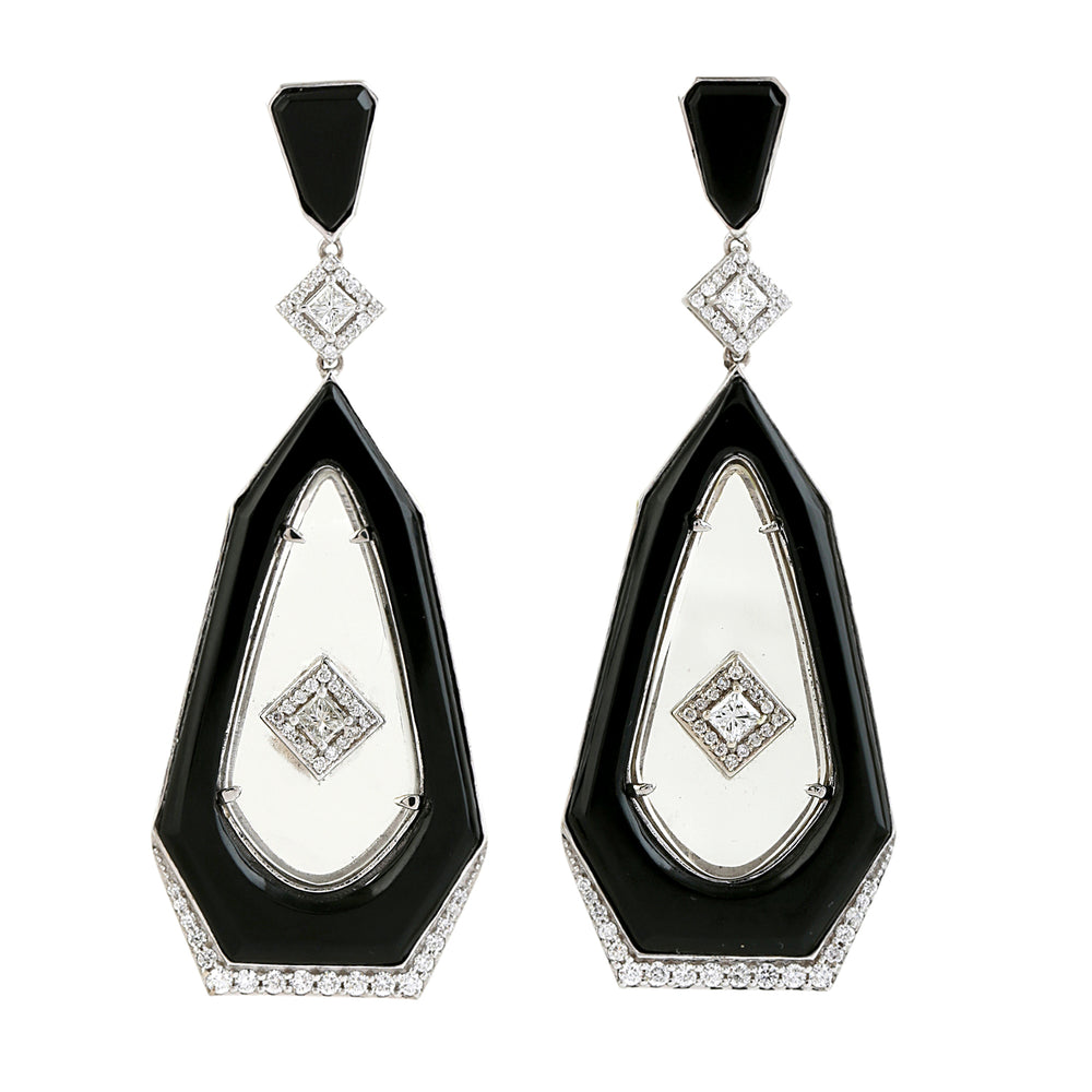Black Onyx, Crystal & Diamond Art Deco Drop Earrings in 18K White Gold