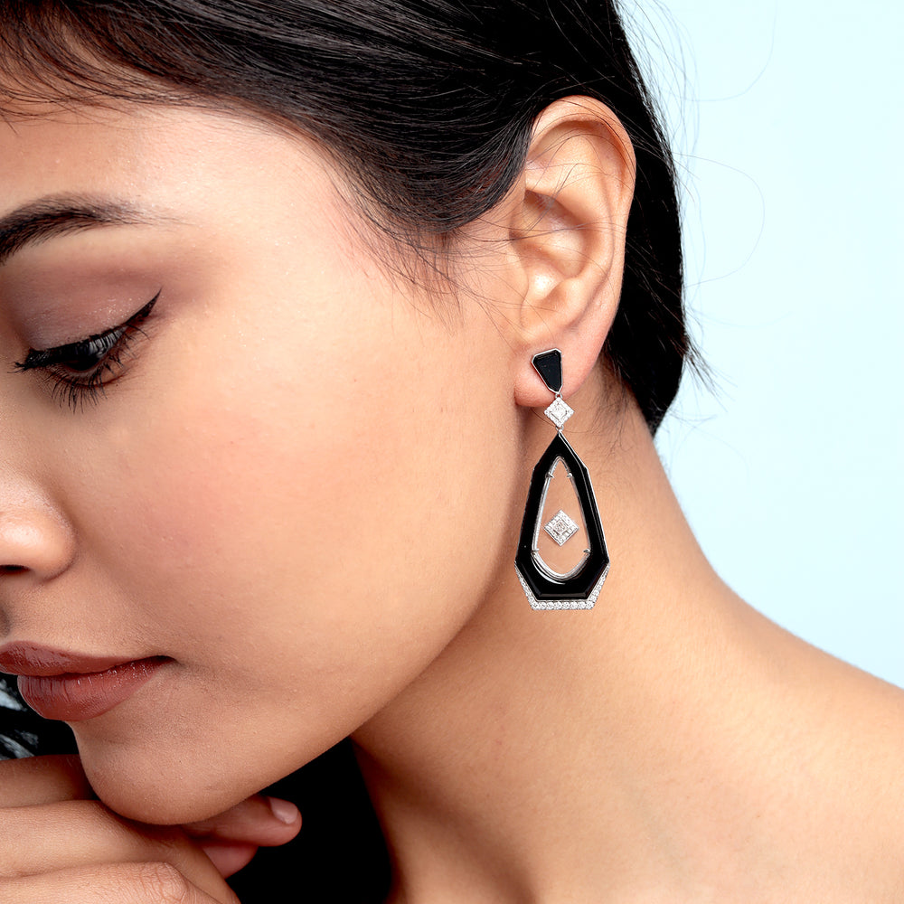 Black Onyx, Crystal & Diamond Art Deco Drop Earrings in 18K White Gold
