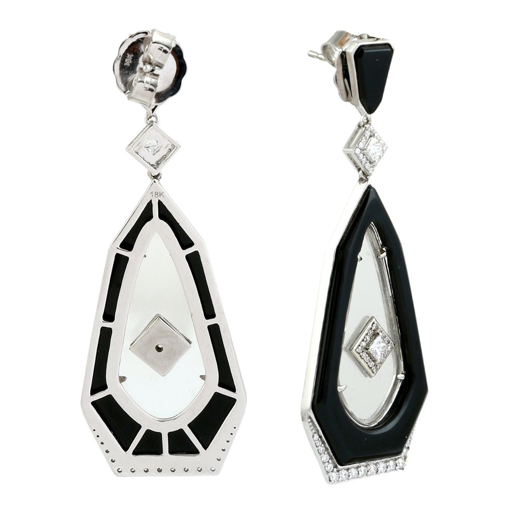 Black Onyx, Crystal & Diamond Art Deco Drop Earrings in 18K White Gold