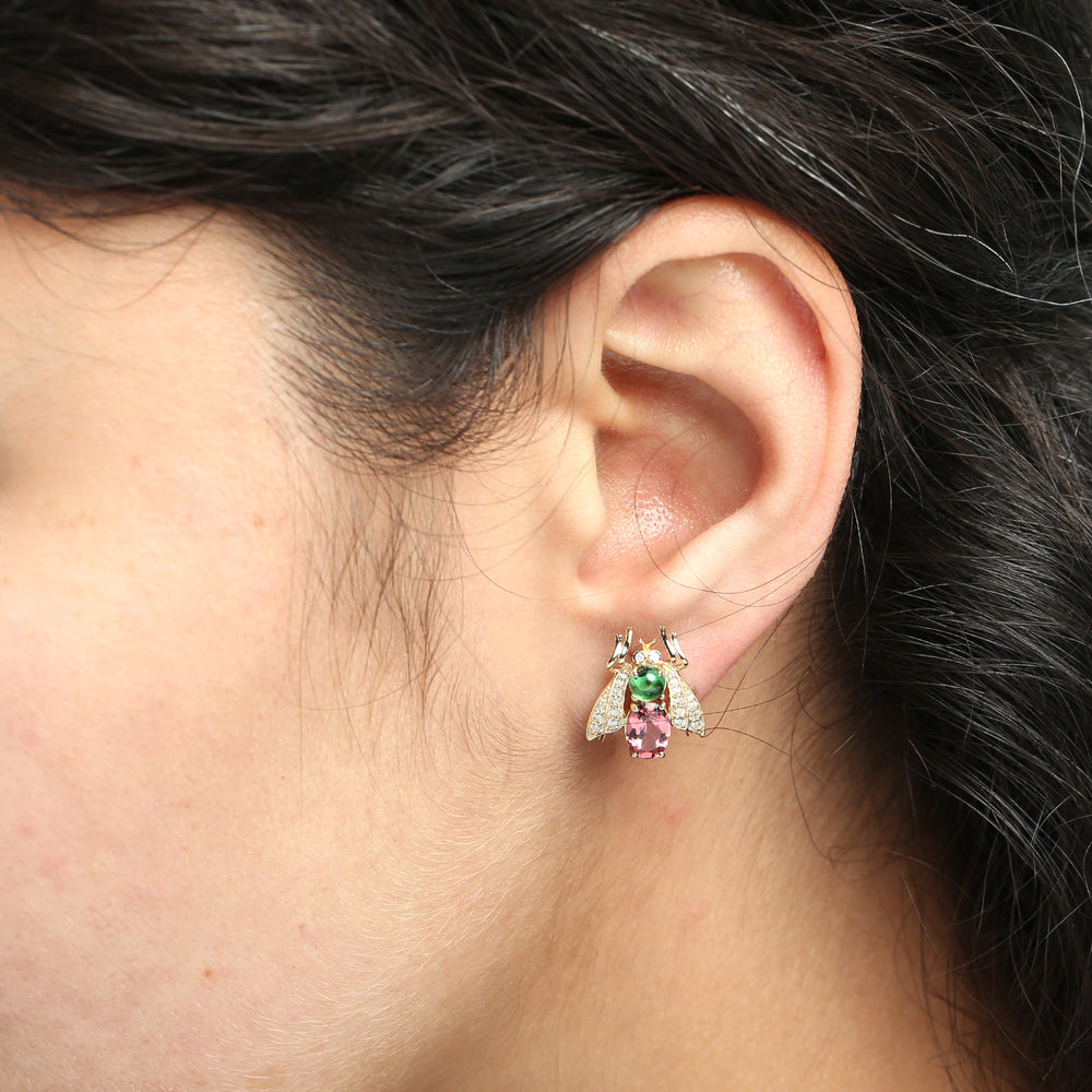 Tourmaline, Tsavorite & Diamond Bee Earrings in 18K Yellow Gold