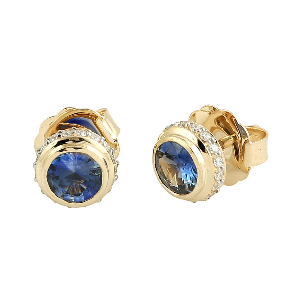 Blue Sapphire & Diamond Halo Stud Earrings in 14K Yellow Gold